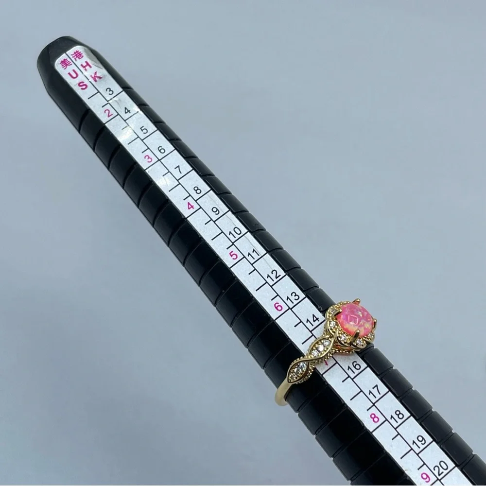Pink Faux Opal CZ Ring Gold Vintage Style Halo Floral Engagement Ring Art Deco